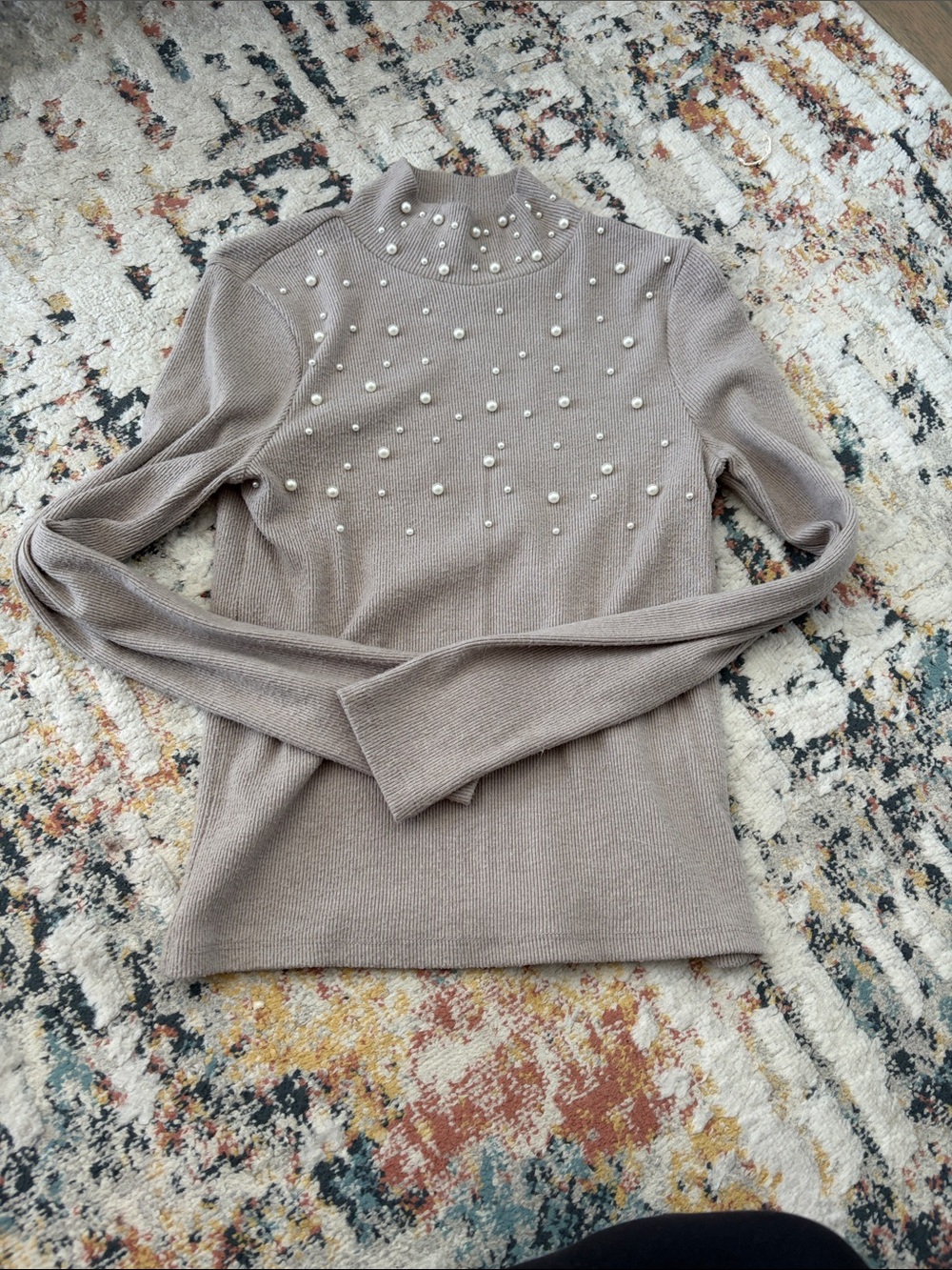 Zara Pearl-Embellished Taupe Knit Mock Neck Sweater